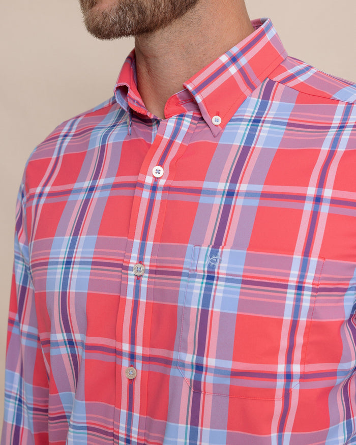 The detail view of the Southern Tide Greenview Plaid Intercoastal Long Sleeve Sport Shirt by Southern Tide - Snapper