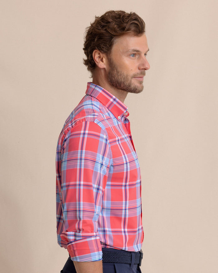 The side view of the Southern Tide Greenview Plaid Intercoastal Long Sleeve Sport Shirt by Southern Tide - Snapper