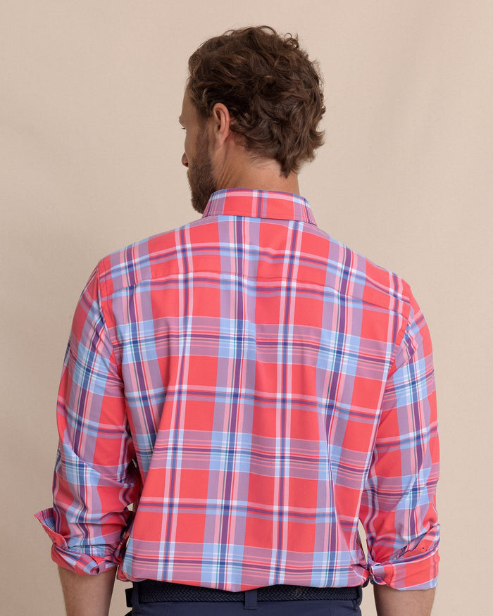 The back view of the Southern Tide Greenview Plaid Intercoastal Long Sleeve Sport Shirt by Southern Tide - Snapper