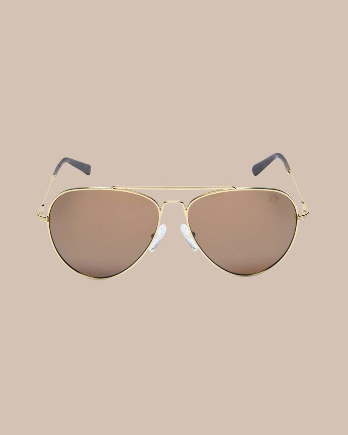 The front view of the Southern Tide Greenville Aviator by Southern Tide - Yellow Gold Frame with Desert Sand Lens