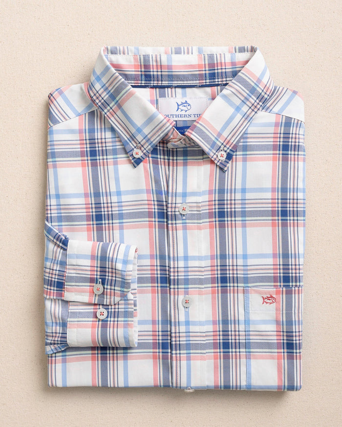 The front view of the Southern Tide Gulf Haven Coastal Breeze® Sport Shirt by Southern Tide - Coral Beach