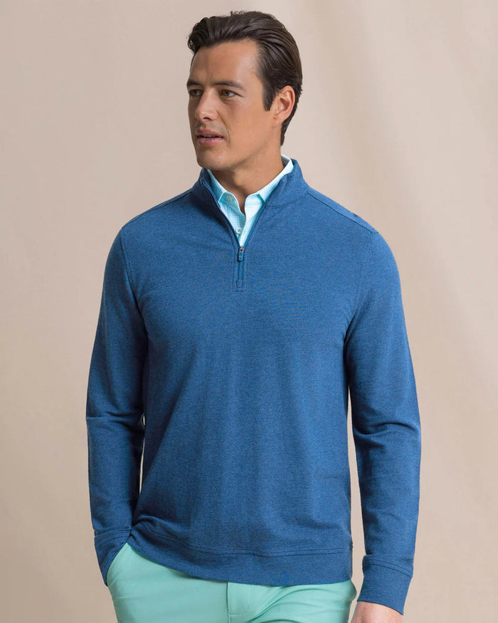 The front view of the Southern Tide Gulf View Heather Quarter Zip by Southern Tide - Heather Nautical Blue