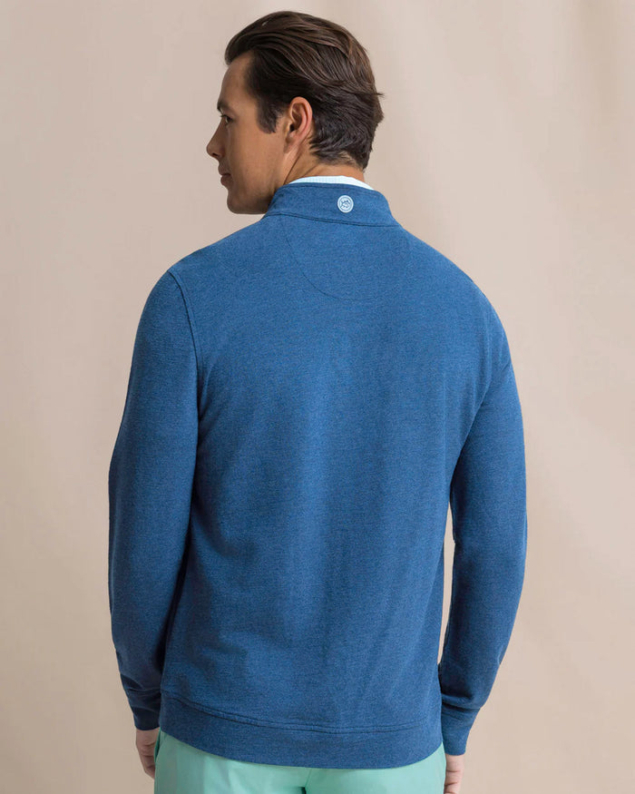 The back view of the Southern Tide Gulf View Heather Quarter Zip by Southern Tide - Heather Nautical Blue