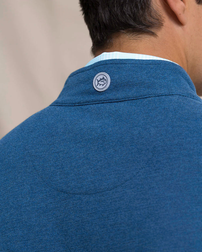 The detail view of the Southern Tide Gulf View Heather Quarter Zip by Southern Tide - Heather Nautical Blue