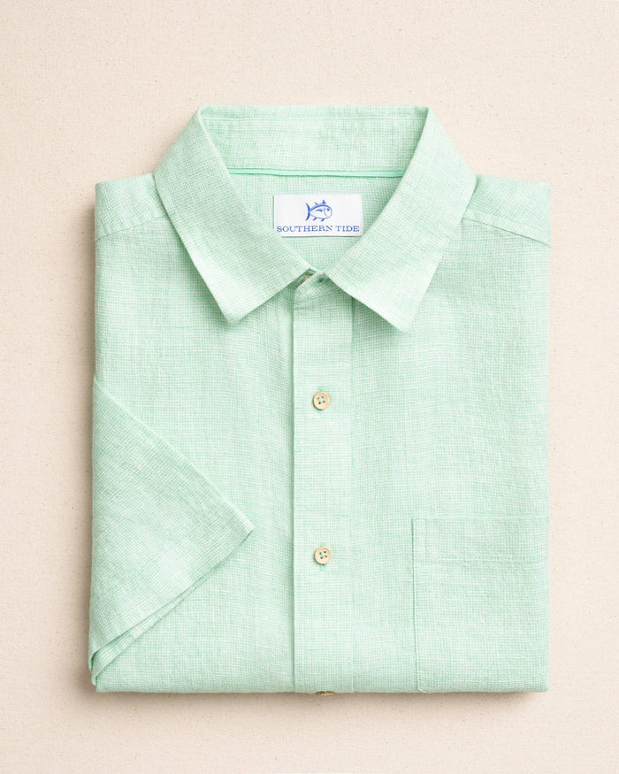 The front view of the Southern Tide Gulf View Short Sleeve Sport Shirt by Southern Tide - Starboard Green