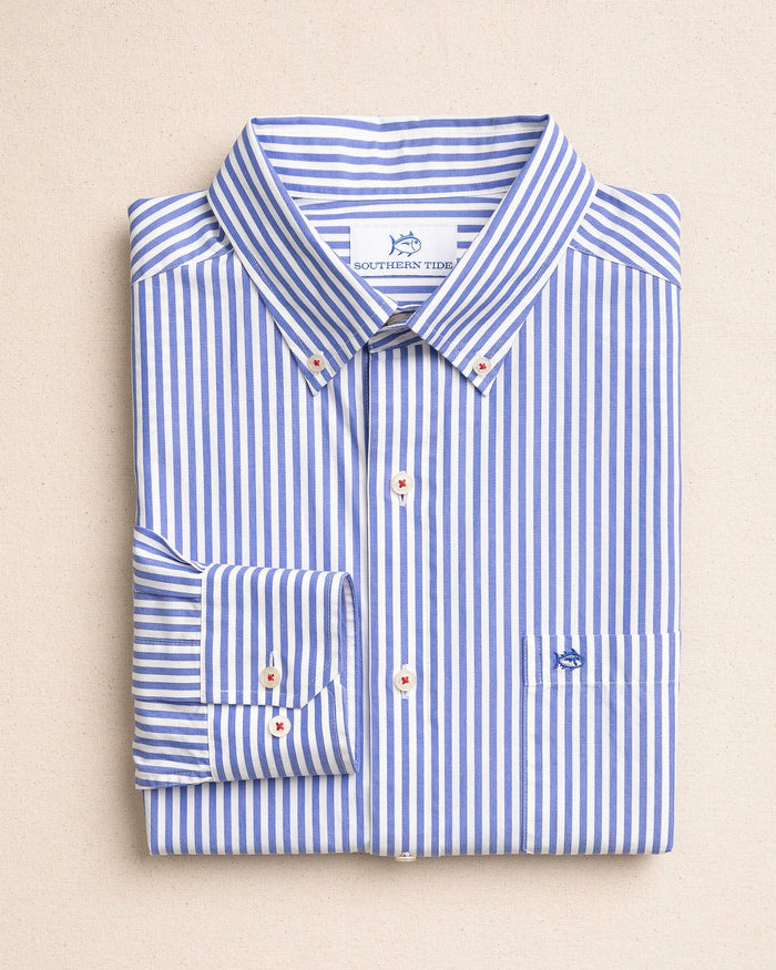 The front view of the Southern Tide Gulfstream Stripe Sport Shirt by Southern Tide - Blue