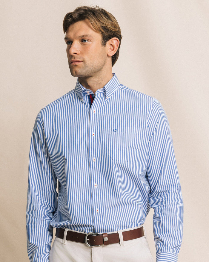 The front view of the Southern Tide Gulfstream Stripe Sport Shirt by Southern Tide - Blue