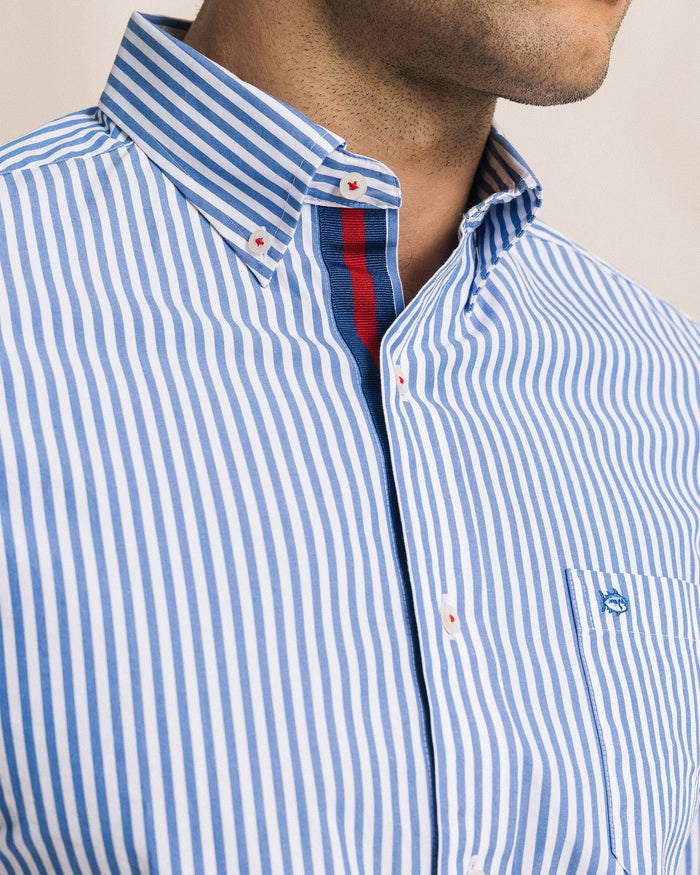The detail view of the Southern Tide Gulfstream Stripe Sport Shirt by Southern Tide - Blue