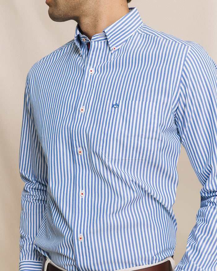 The detail view of the Southern Tide Gulfstream Stripe Sport Shirt by Southern Tide - Blue