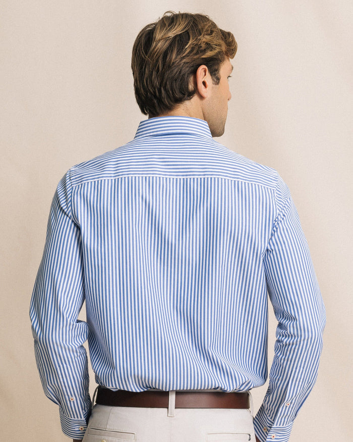 The back view of the Southern Tide Gulfstream Stripe Sport Shirt by Southern Tide - Blue