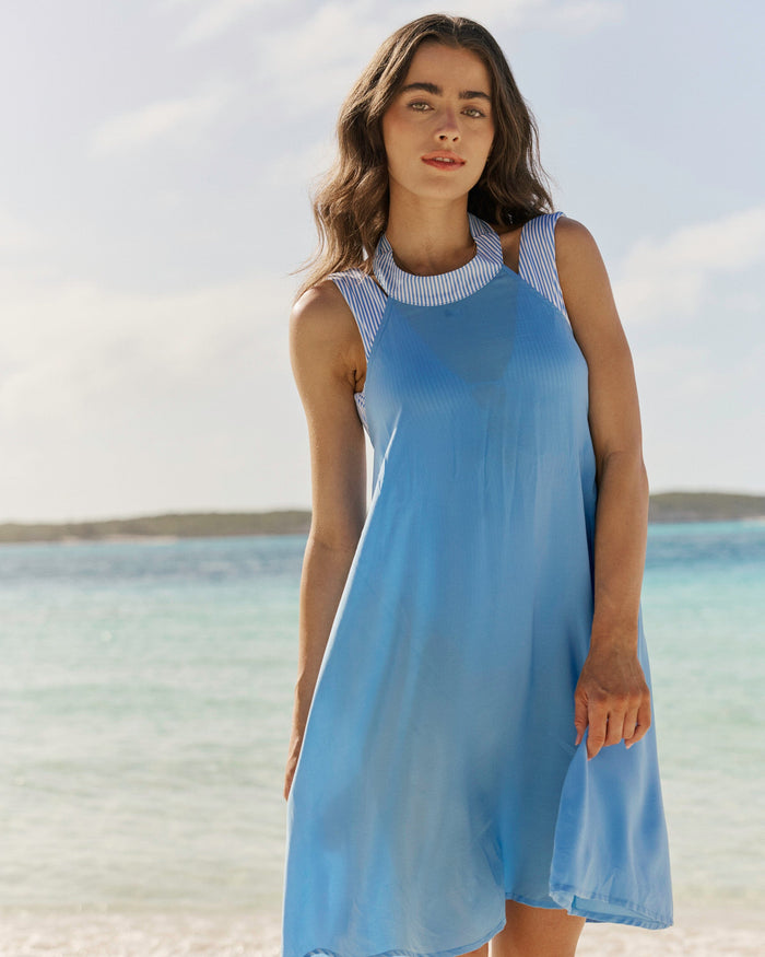The front lifestyle view of the Southern Tide Halter Neck Short Cover-Up Dress by Southern Tide - Ocean Channel