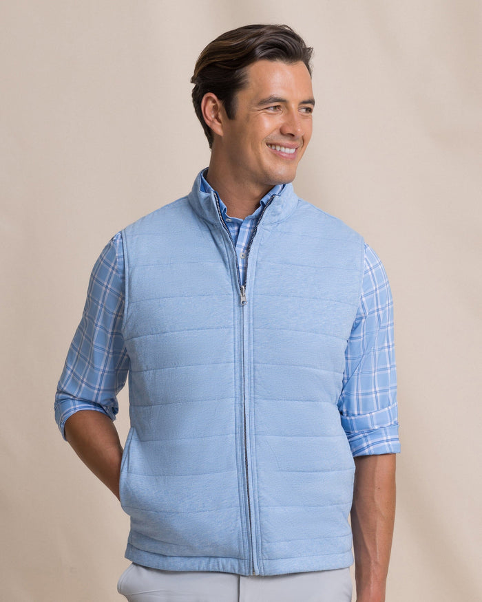 The front view of the Southern Tide Harbor Reversible Vest by Southern Tide - Nautical Blue