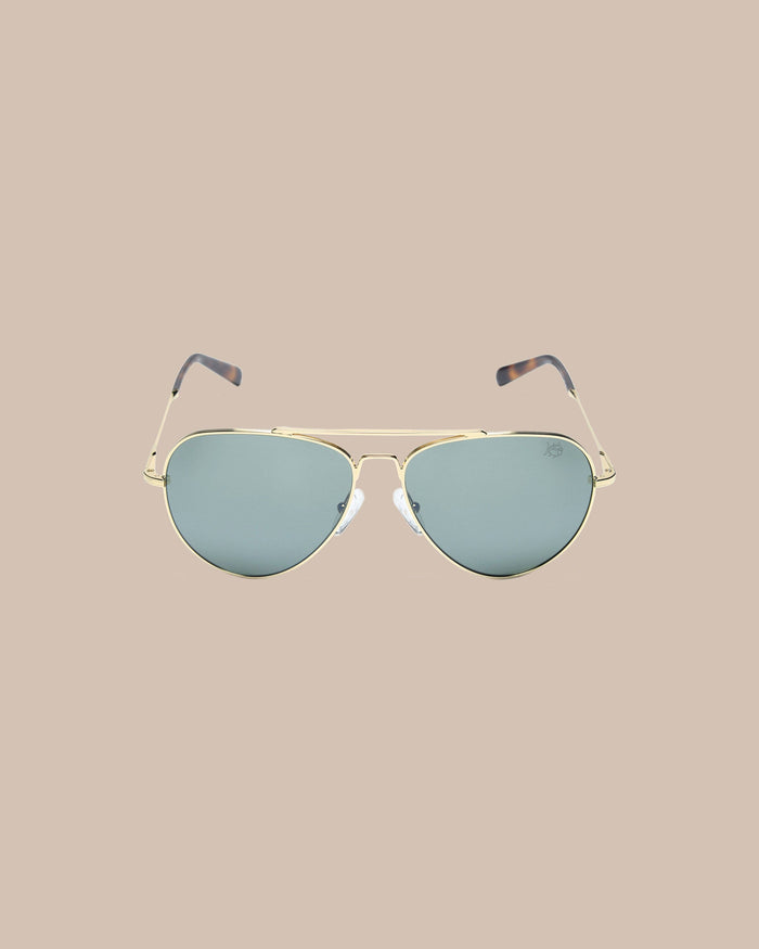 The front view of the Southern Tide Hartwell Aviator Sunglasses by Southern Tide - Yellow Gold Frame with American Green Lens