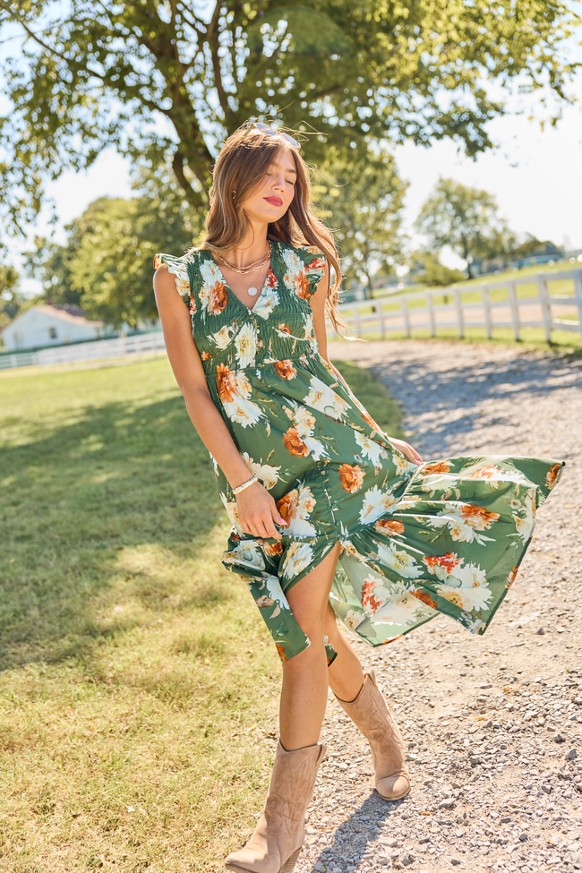 Harvest Moon Floral Midi Dress Green