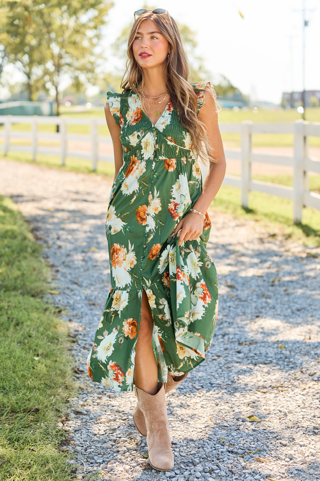 Harvest Moon Floral Midi Dress Green