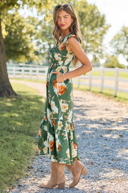 Harvest Moon Floral Midi Dress Green