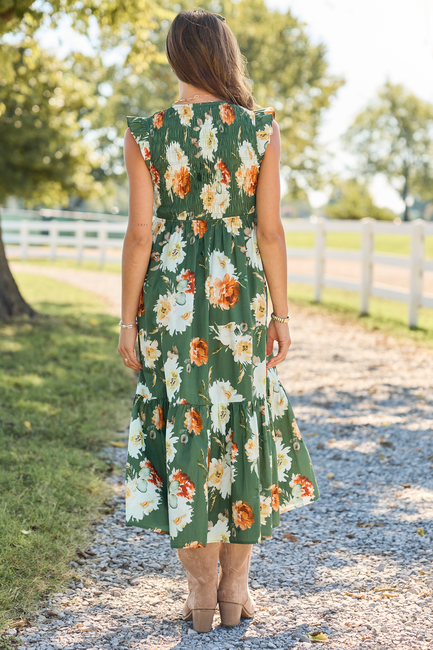 Harvest Moon Floral Midi Dress Green