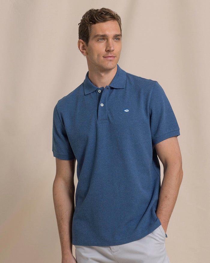 The front view of the Southern Tide Heather Skipjack Polo by Southern Tide - Heather Nautical Blue