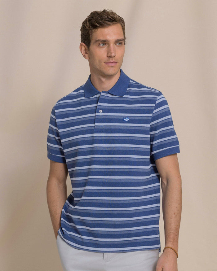 The front view of the Southern Tide Heather Striped Skipjack Polo by Southern Tide - Heather Nautical Blue
