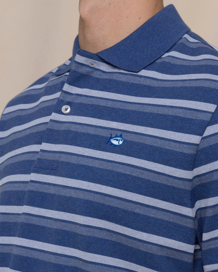 The detail view of the Southern Tide Heather Striped Skipjack Polo by Southern Tide - Heather Nautical Blue