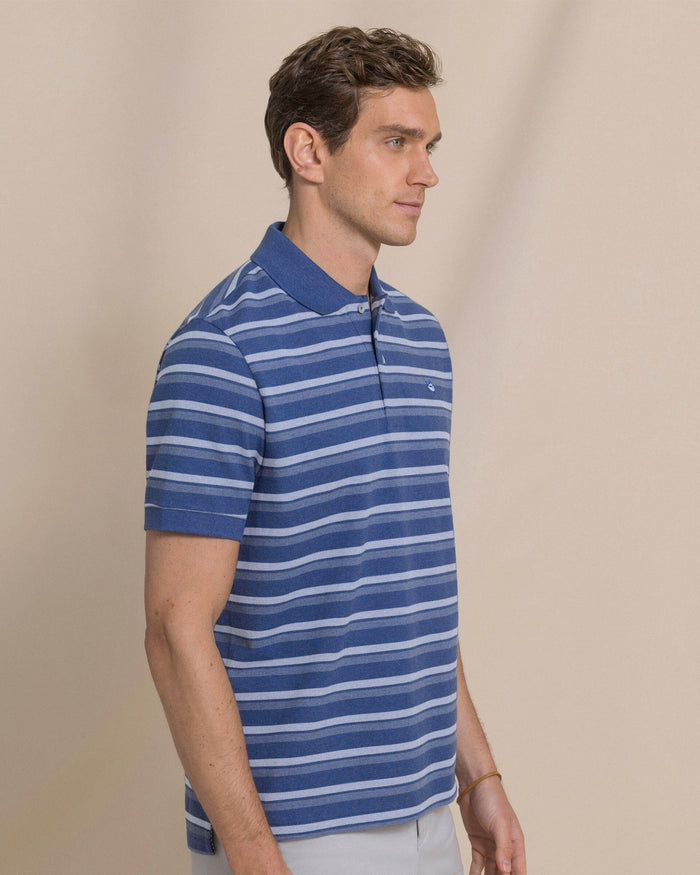 The side view of the Southern Tide Heather Striped Skipjack Polo by Southern Tide - Heather Nautical Blue