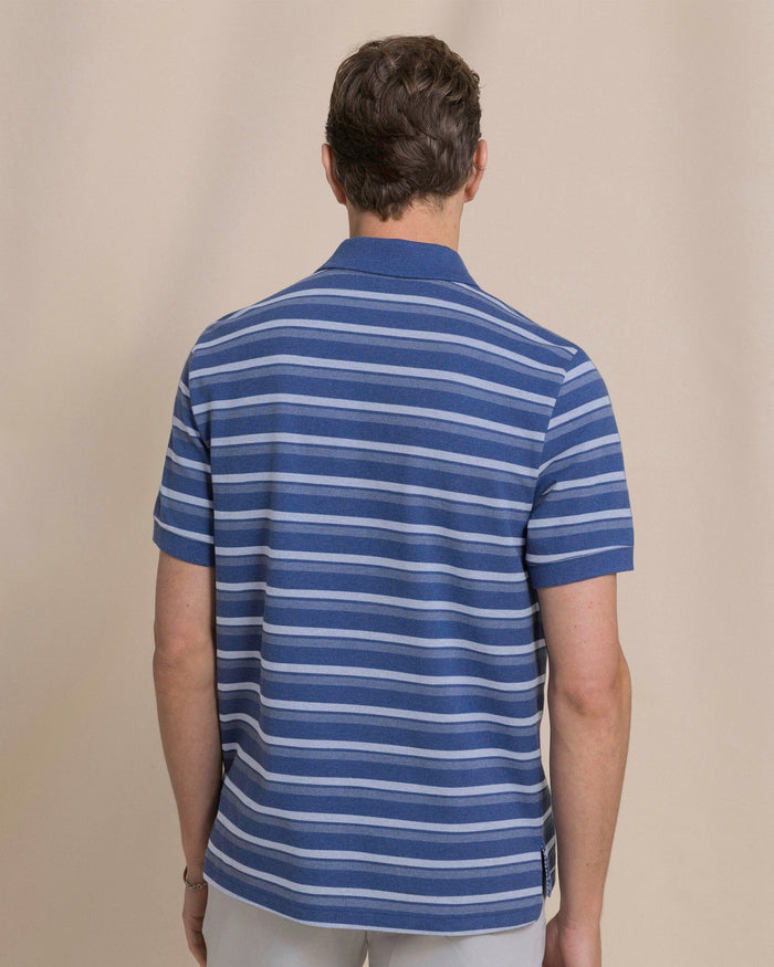 The back view of the Southern Tide Heather Striped Skipjack Polo by Southern Tide - Heather Nautical Blue