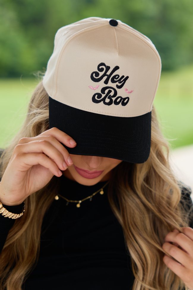 Hey Boo Natural/Black Embroidered Trucker Hat