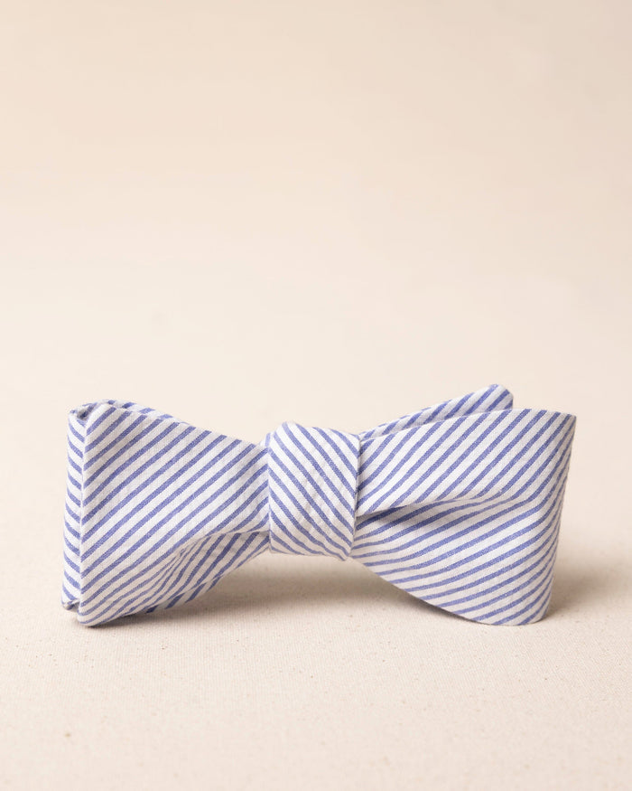 The front view of the Southern Tide Blue and White Seersucker Bow Tie by Southern Tide - Blue