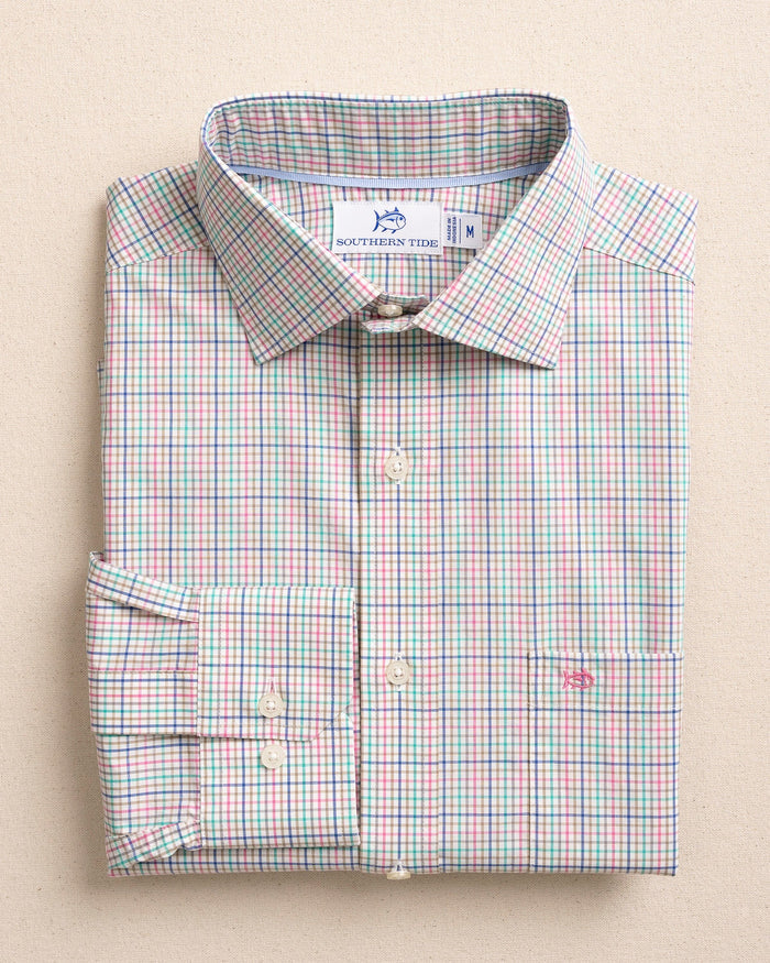 The front view of the Southern Tide Hillyer Plaid Charleston Sport Shirt by Southern Tide - Azalea Pink