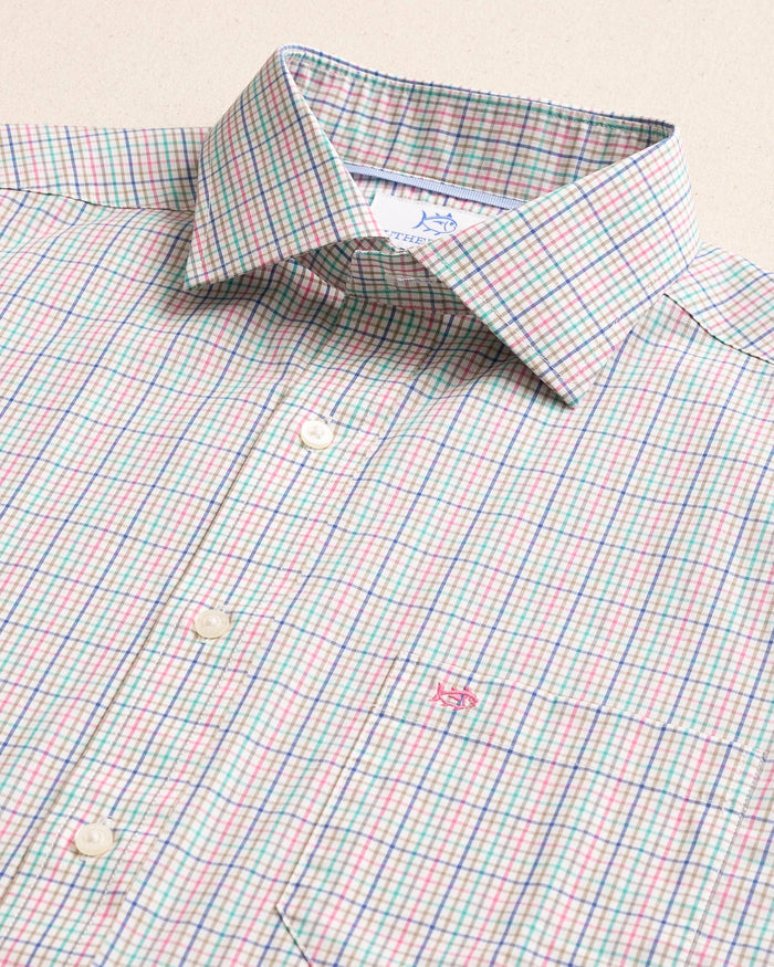 The detail view of the Southern Tide Hillyer Plaid Charleston Sport Shirt by Southern Tide - Azalea Pink