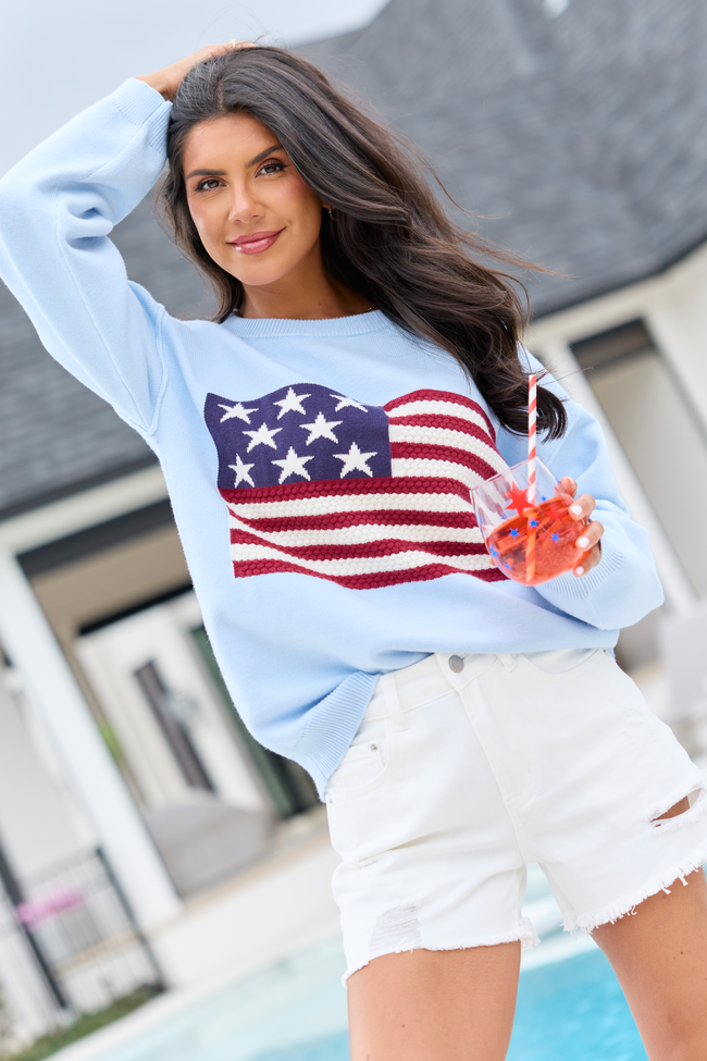 Home Of The Free Light Blue Textured Flag Sweater SALE