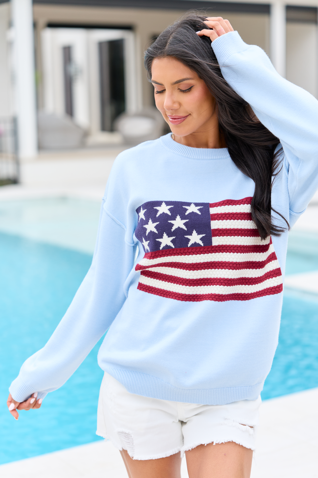 Home Of The Free Light Blue Textured Flag Sweater SALE