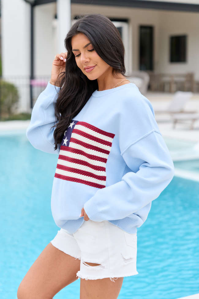 Home Of The Free Light Blue Textured Flag Sweater SALE