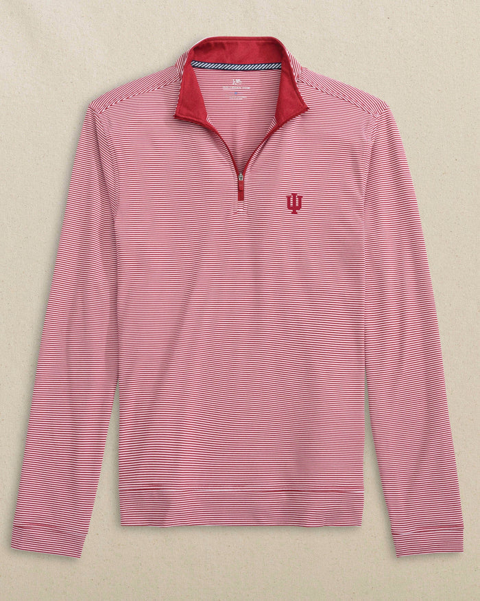 The front view of the Southern Tide Indiana Hoosiers Cruiser Micro-Stripe Quarter Zip by Southern Tide - Heather Crimson