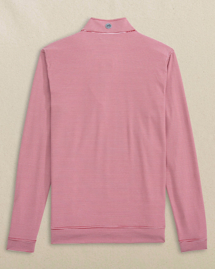 The back view of the Southern Tide Indiana Hoosiers Cruiser Micro-Stripe Quarter Zip by Southern Tide - Heather Crimson
