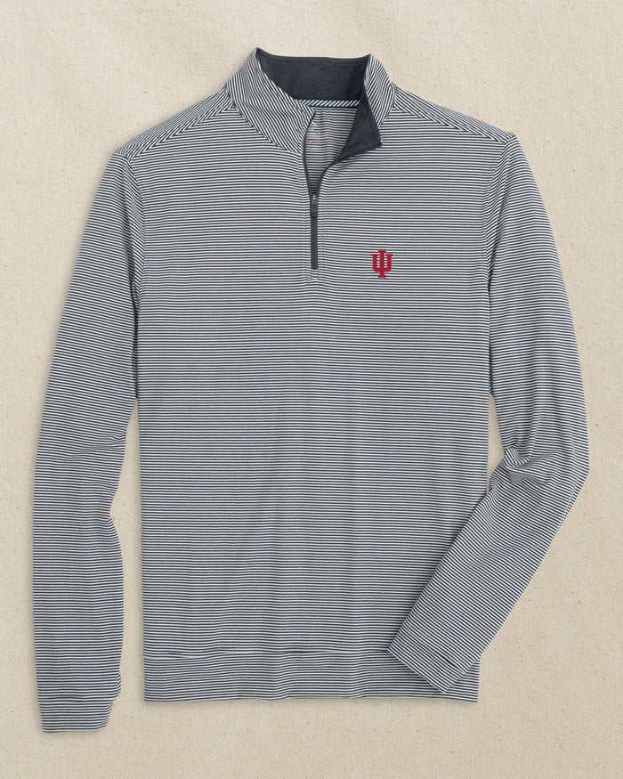 The front view of the Southern Tide Indiana Hoosiers Cruiser Micro-Stripe Quarter Zip by Southern Tide - Heather Black