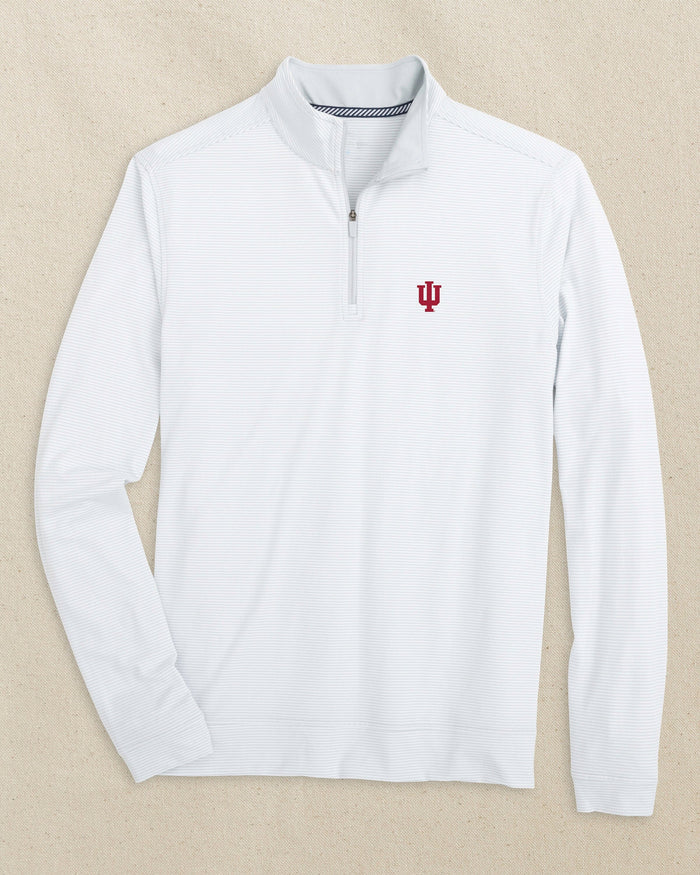 The front view of the Southern Tide Indiana Hoosiers Cruiser Micro-Stripe Quarter Zip by Southern Tide - Heather Slate Grey