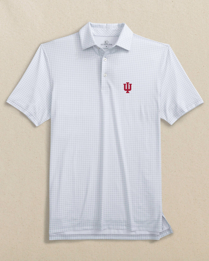 The front view of the Southern Tide Indiana Hoosiers Driver Dunes Edge Plaid Polo by Southern Tide - Slate Grey