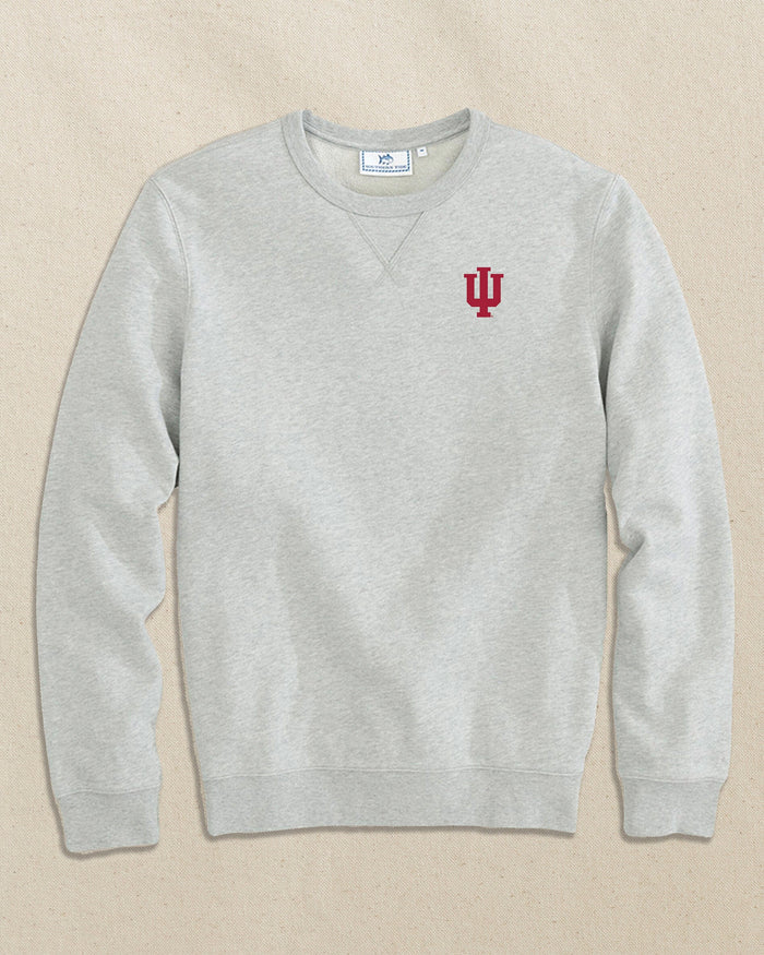 The front view of the Southern Tide Indiana Hoosiers Upper Deck Pullover Sweatshirt by Southern Tide - Heather Slate Grey