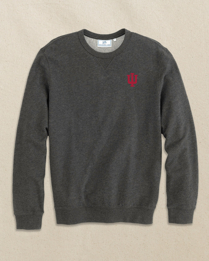 The front view of the Southern Tide Indiana Hoosiers Upper Deck Pullover Sweatshirt by Southern Tide - Heather Black