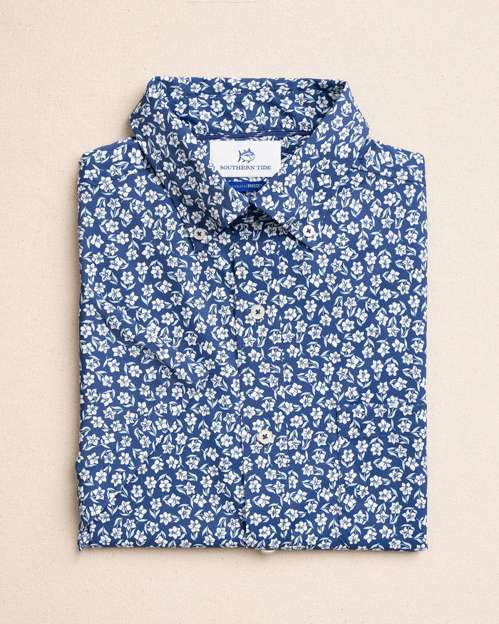 The front view of the Southern Tide Island Infusion Coastal Breeze® Short Sleeve Sport Shirt by Southern Tide - Nautical Blue