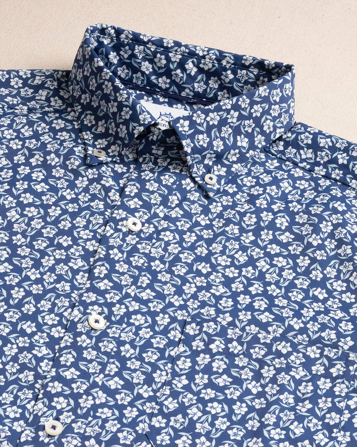 The detail view of the Southern Tide Island Infusion Coastal Breeze® Short Sleeve Sport Shirt by Southern Tide - Nautical Blue