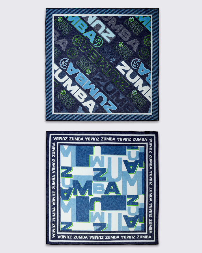 Two Zumba branded bandanas with logo patterns on a white background.