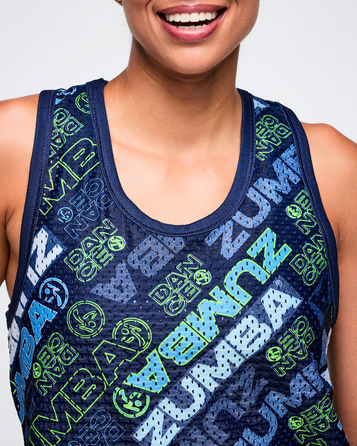 Close-up of a female model wearing a patterned mesh basketball tank top on a white background.