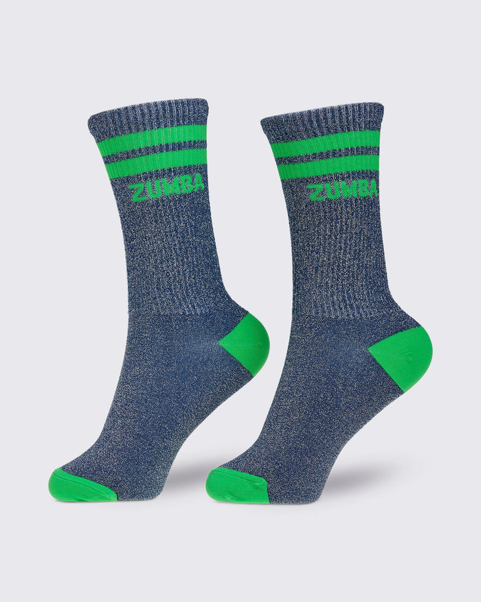 Pair of indigo socks with green accents and 'Zumba' branding on a light gray background.