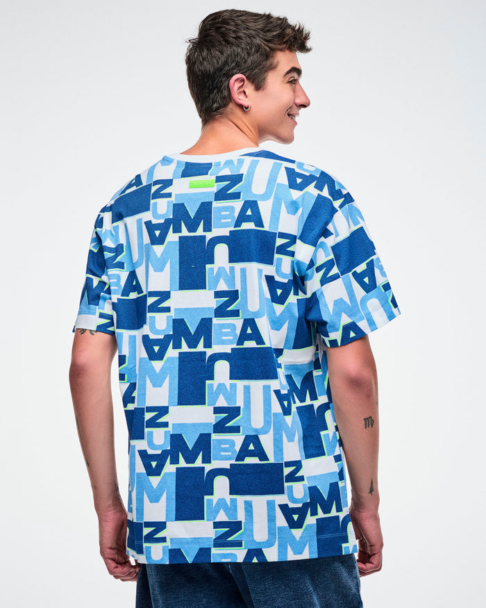 Back view of a male model wearing a blue and white patterned top on a plain background.