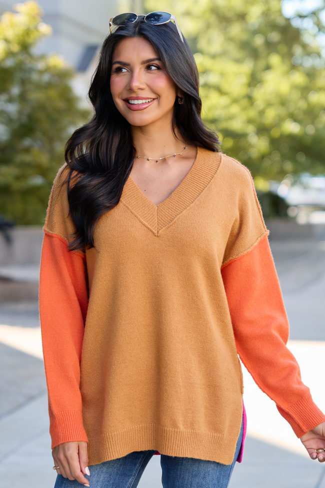 Just The Thing V-Neck Contrast Sleeve Sweater