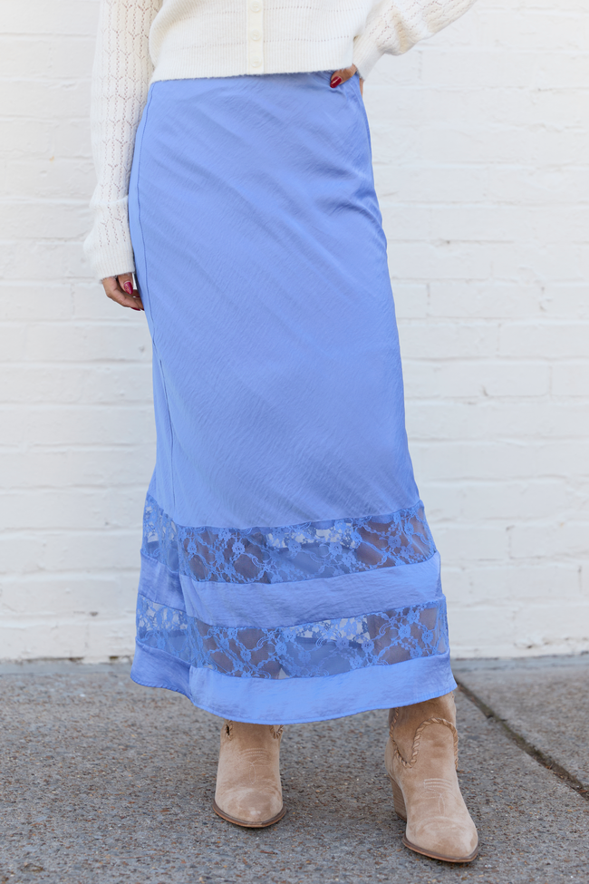Kaden Blue Satin Lace Inset Midi Skirt FINAL FINAL SALE