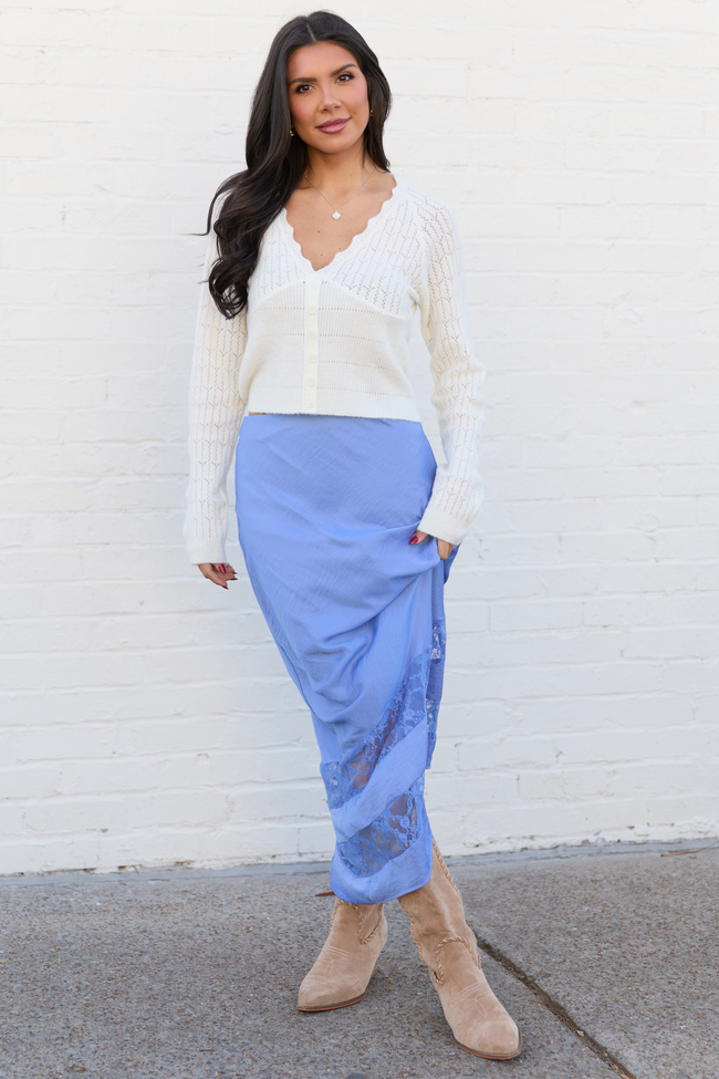 Kaden Blue Satin Lace Inset Midi Skirt FINAL FINAL SALE