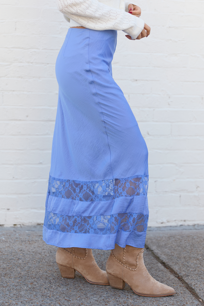 Kaden Blue Satin Lace Inset Midi Skirt FINAL FINAL SALE